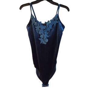Topshop Blue Velvet Bodysuit with Lace Detail